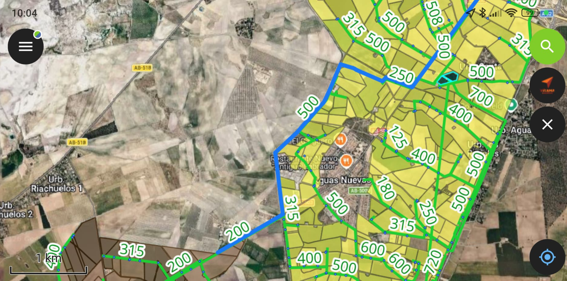 Plugin GPS de QGIS mostrando la ruta más corta a un contador desde la posición del usuario